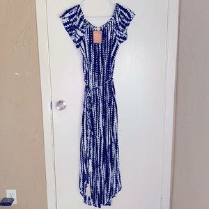 Blue and white off the shoulder 3/4 length dress. Still with tags